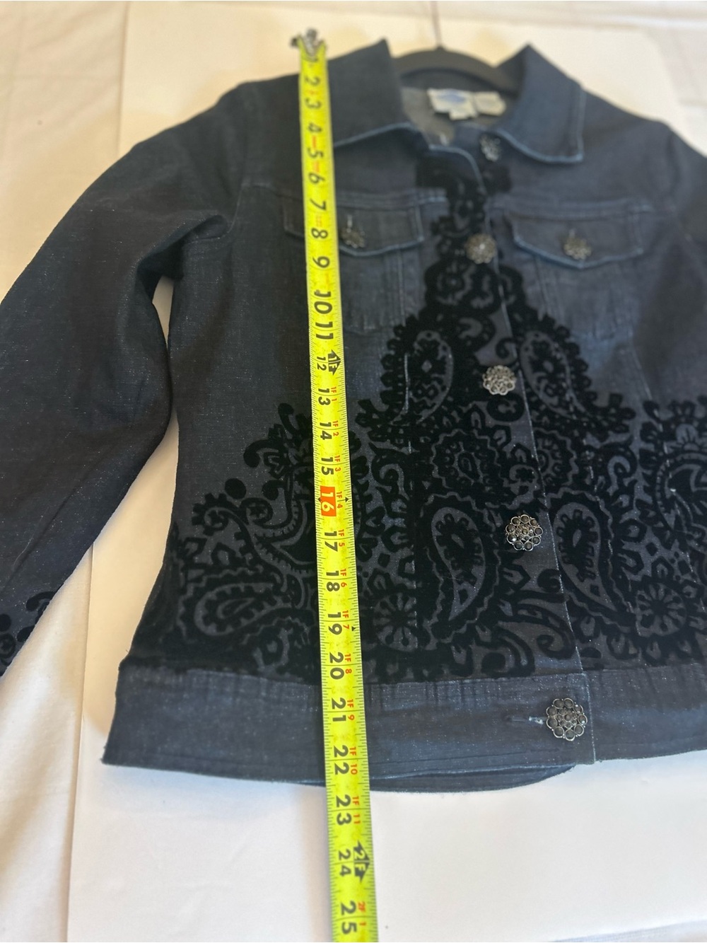 DG2 by Diane Gilman Dark Blue Denim Jacket with Black Velvet Burnout - Picture 9 of 9